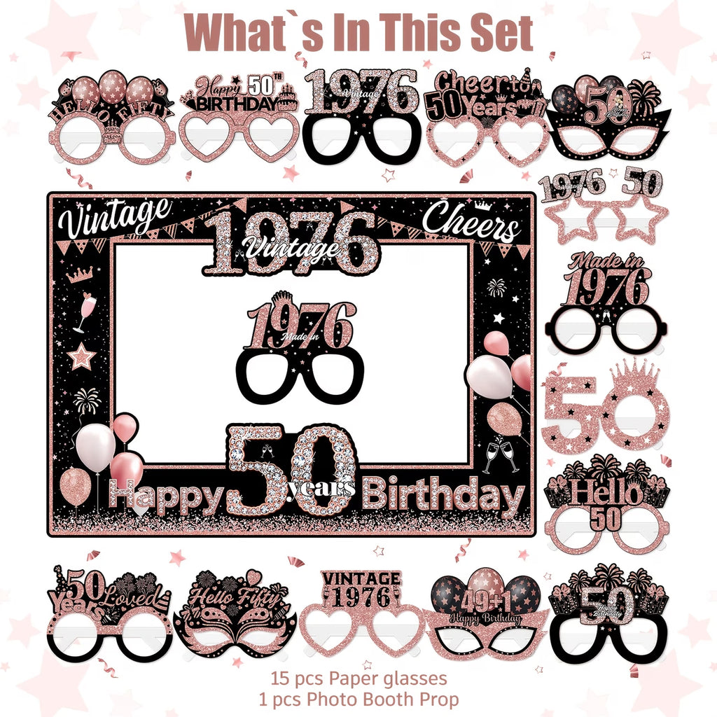 50 Jaar Photo Booth Set – 15 Brillen + Fotolijst | Roségoud 1976