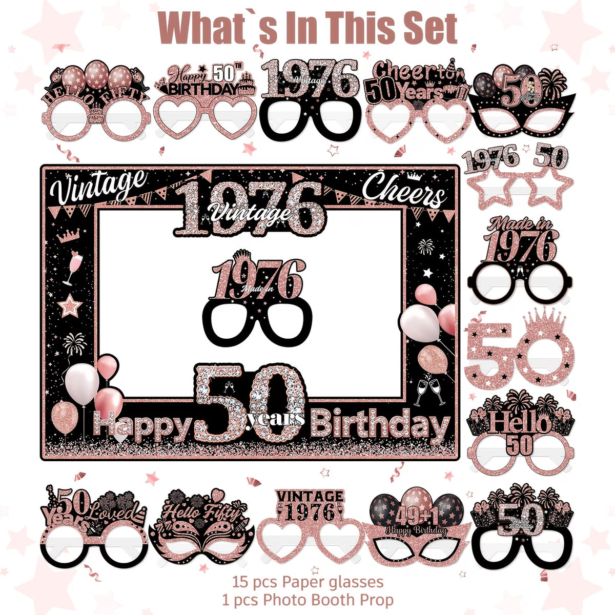 50 Jaar Photo Booth Set – 15 Brillen + Fotolijst | Roségoud 1976