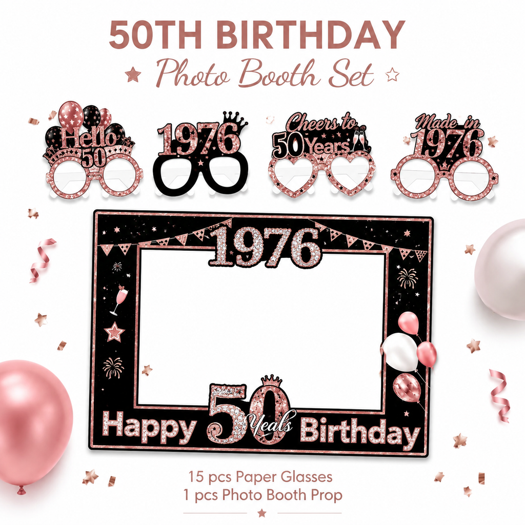 50 Jaar Photo Booth Set – 15 Brillen + Fotolijst | Roségoud 1976