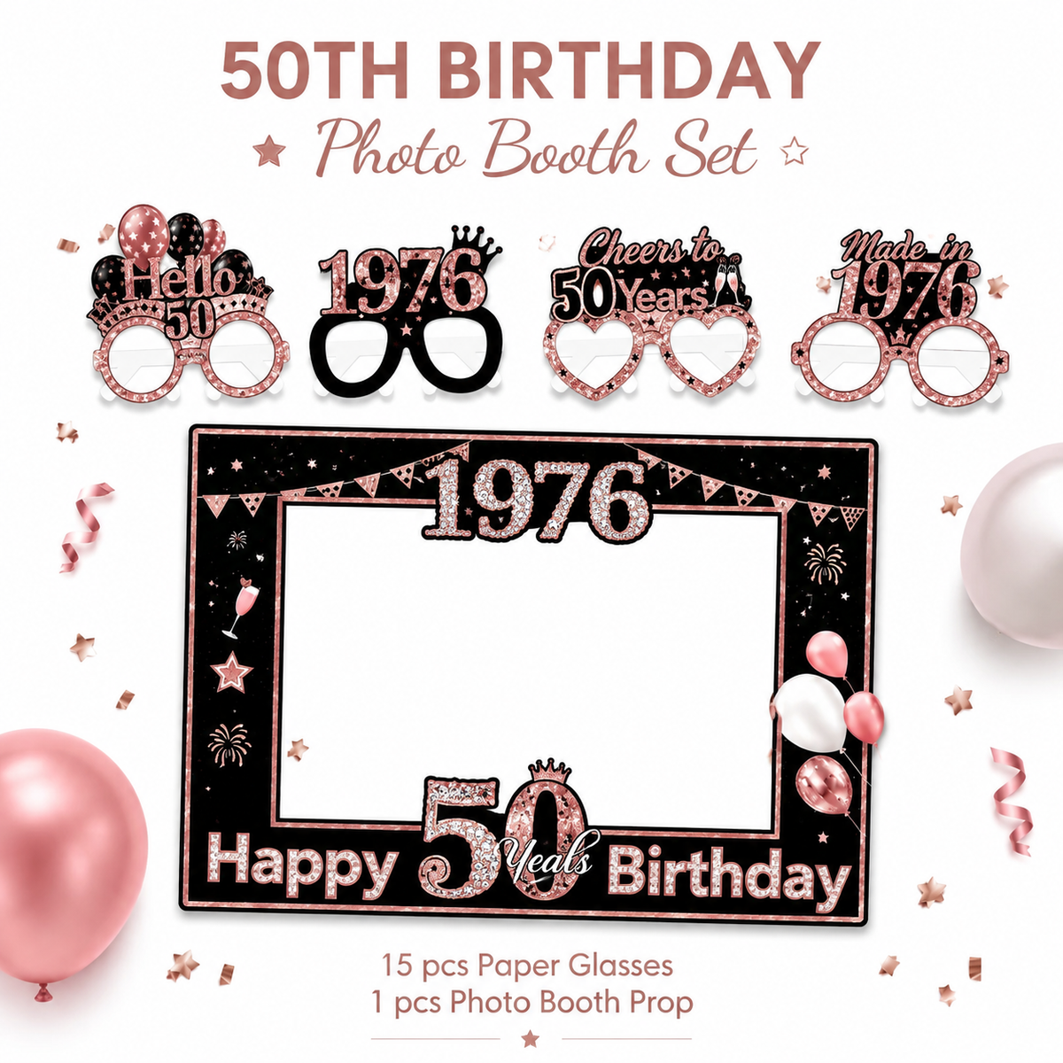 50 Jaar Photo Booth Set – 15 Brillen + Fotolijst | Roségoud 1976