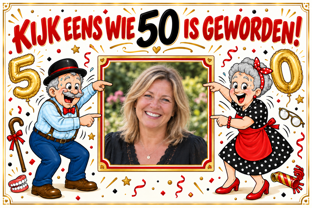 Gepersonaliseerd spandoek 50 jaar met foto – Abraham & Sarah