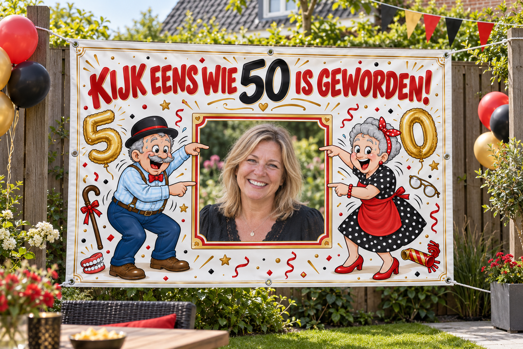 Gepersonaliseerd spandoek 50 jaar met foto – Abraham & Sarah