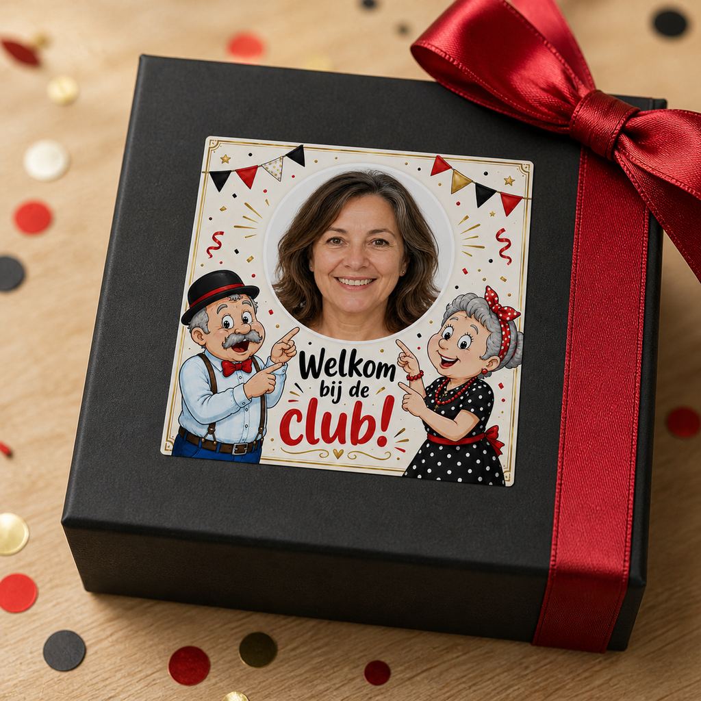 Vierkante gepersonaliseerde Abraham & Sarah sticker – Welkom bij de club!